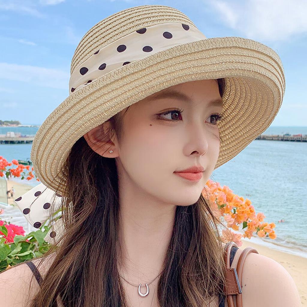 Sommer Polka Dot Band Strohhut für Damen Eleganter Gekräuselter Rand Sonnenschutz Fischerhut Damen Mädchen Strand Reise Visier Panama Hüte