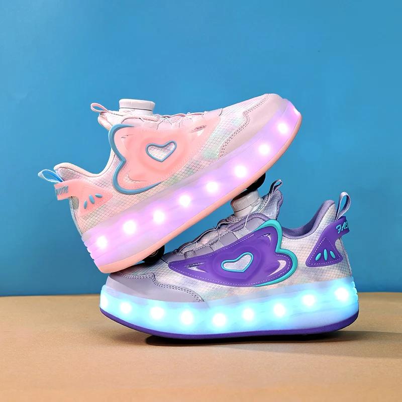 Çocuk Kaykay Ayakkabıları USB Işıklı Rahat Paten Spor Ayakkabısı Dış Mekan Spor Yürüyüş Kız Çocuklar İçin Pembe Paten Ayakkabısı