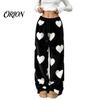 Soft Drawstring Sleeping Trousers Women Fuzzy Pants, Heart Print Wide Leg Pajama Bottoms with Elastic Cozy Winter Home Pants Waist Drawstring,