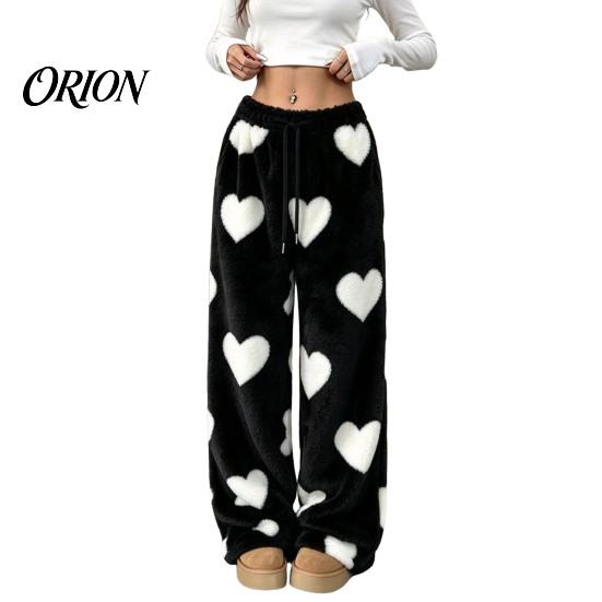 Soft Drawstring Sleeping Trousers Women Fuzzy Pants, Heart Print Wide Leg Pajama Bottoms with Elastic Cozy Winter Home Pants Waist Drawstring,