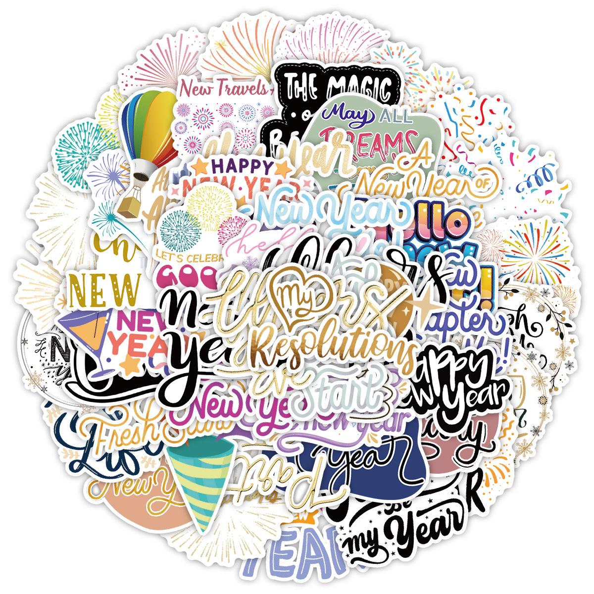 

50 штук новых граффити-наклеек «С Новым годом», водонепроницаемые декоративные наклейки для стакана для воды, мобильного телефона, креативные наклейки с текстом