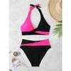 Women's Neon Pink Black Color Block Twist Front Bikini Set High Waist Two Piece Swimsuit