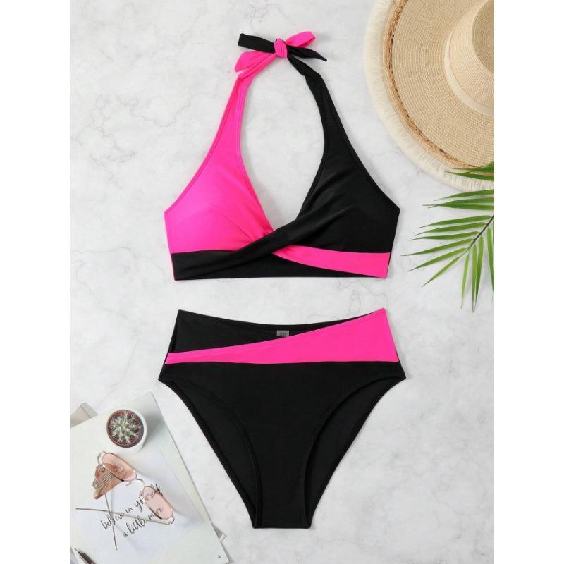 Women's Neon Pink Black Color Block Twist Front Bikini Set High Waist Two Piece Swimsuit