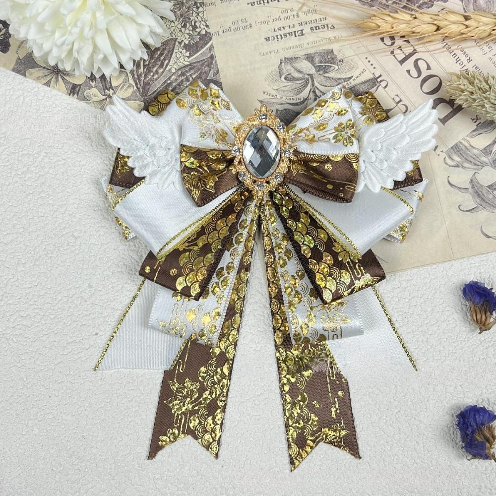 New Cosplay Lolita Fabric Bow Brooches for Women Handmade Jewelry Angel Wings Crystal Shirt Collar Pin Vintage Accessories