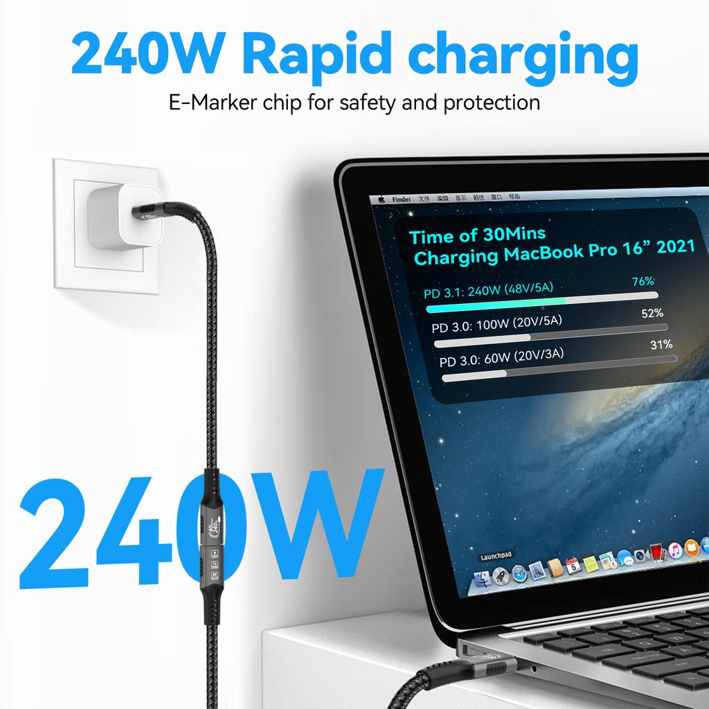 8K USB C 4 Extension Cable Fast Charging Cable Extender Male To Female Type C UHD Video 40Gbps 240W PD3.1 with Thunderbolt 4/3