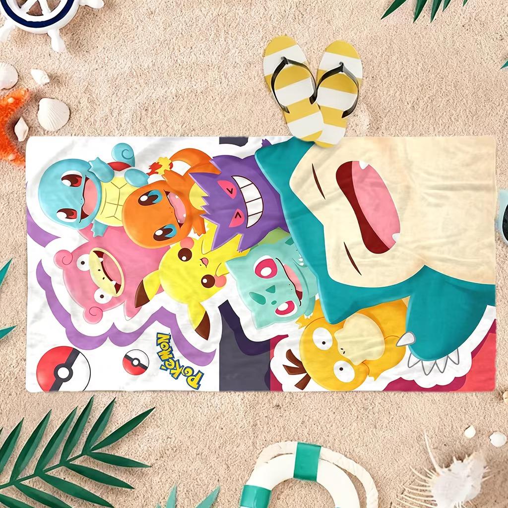 Soft Microfiber P-Pokemon Beach Towel with Pikachu Squirtle Bulbasaur Flat Print Absorbent for Beach Pool Camping Holiday Gift