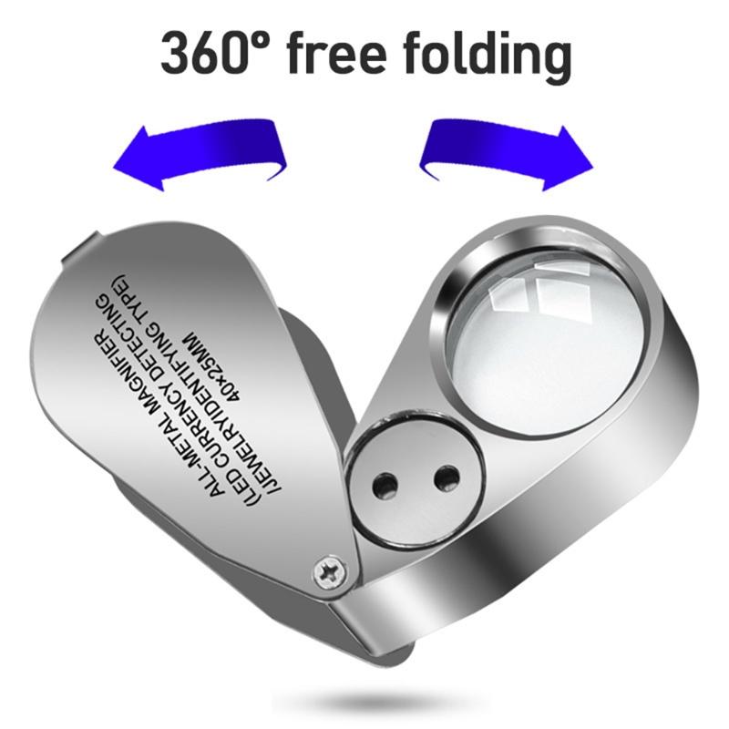 40X Full Metal Illuminated Jewelers Magnifier Best Pocket Folding Magnifying Glass Jewelers Lens Eye Loupe with LED