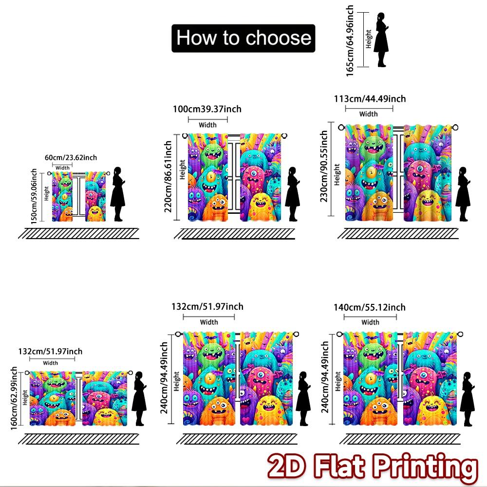 2D flat printing 2pcs Window Curtains Cute Colorful Monsters Digital Printed Polyester Drapes Festive Wall Decor Perfect for