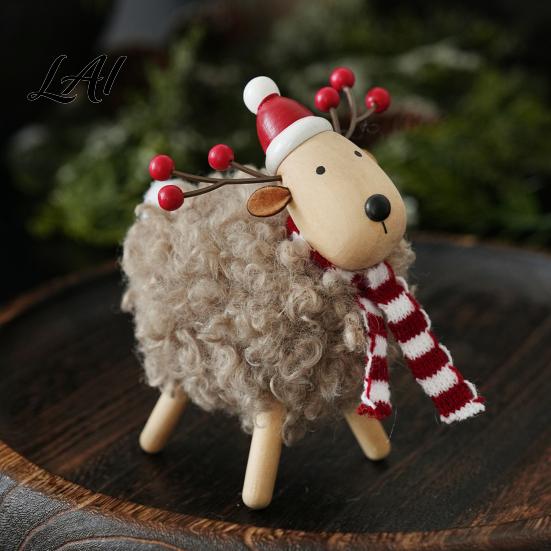 Wooden Lamb Ornaments Christmas Sheep Figurine with Scarf Santa Hat Plush Fleece Versatile Wood Art Pieces Tabletop Ornament Rustic Holiday Desktop