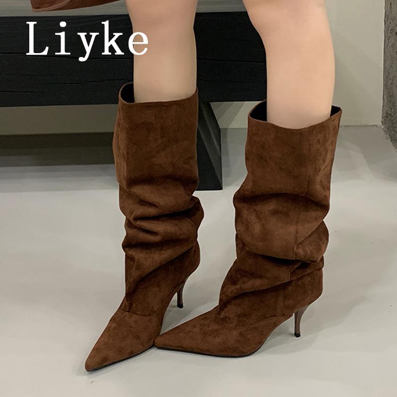 Fashion Liyke Autumn Winter Thin Kittens Heels Knee High Boots Women Punk Vintage Pointed Toe Runway Catwalk Shoes Long Booties Size 40