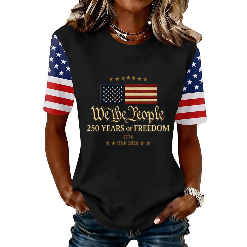 Blusa Feminina da Moda Casual de Manga Curta com Estampa e Gola Redonda