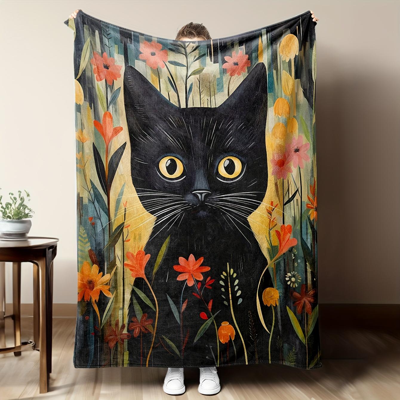 

Bohemian flowers and black cats Flannel printed blanket suitable for all seasons suitable for living room office sofa and travel 75x100cm