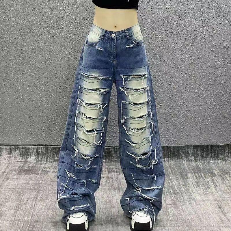 Plus Size Womens Distressed Jeans High Waist Loose Wide Leg Streetwear Denim Pants