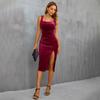 Women's 2024 Velvet Red Slit Bodycon Dress with Square Neck and Spaghetti Straps for Parties and Festivals