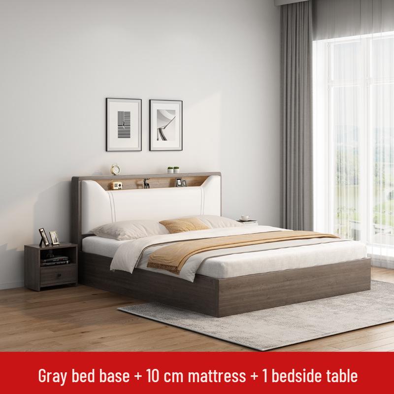 Modern Minimalist Solid Wood Panel Bed - Double (1.8m) or Single (1.2m) for Master Bedroom or Rental Room