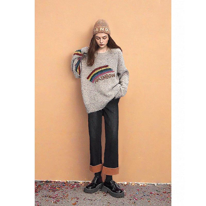 New Autumn/Winter Women's Loose Knitted Sweater - Rainbow Pattern Round Neck Embroidered Soft and Comfortable Knitted Top