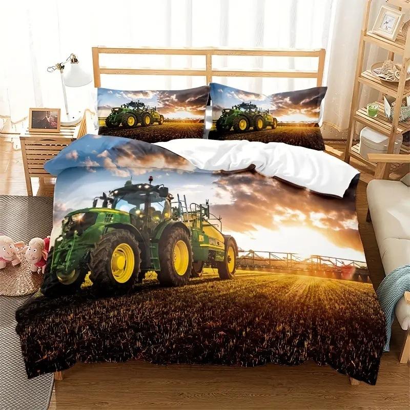 Tractor Pattern Quilt Cover Three-Piece Digital Printing Bedding Duvet Cover Kit