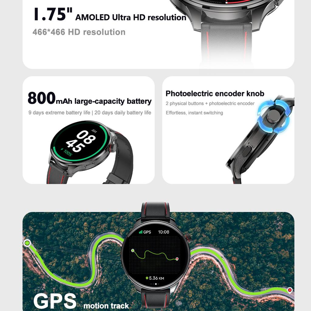 800mAh Large Battery 1.75" AMOLED Fitness 110+ Sports Modes BT Call Health Monitor Outdoor GPS Sports Tracking Smartwatch Men