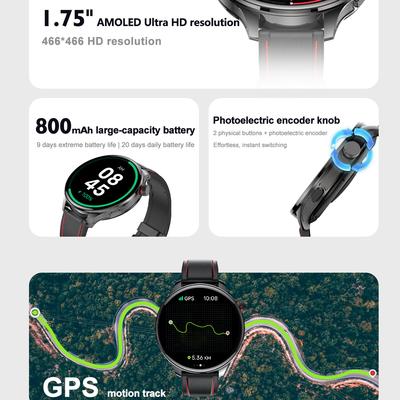 800mAh Large Battery 1.75" AMOLED Fitness 110+ Sports Modes BT Call Health Monitor Outdoor GPS Sports Tracking Smartwatch Men