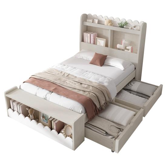 Children Bed Single Bed Storage Bed with Drawers, Shelf And Bench with Storage Space, Wooden Bed 90x200cm, Bed Frame And Slatted Frame Made of Wood,