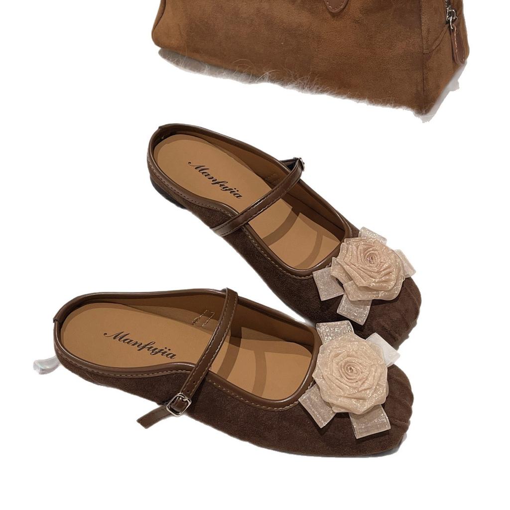 Baotou półpantofle damskie letnie 2025 nowe wsuwane buty Mary Jane na miękkiej podeszwie sandały płaskie kwiatowe wróżki