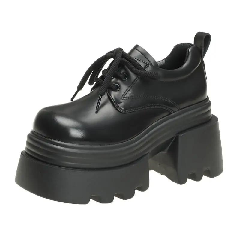 New 2025 Spring Women Platform Casual Shoes Loafers Lace-up Chunky Sneakers 10CM High Heels British Thick Bottoms Leather Shoes