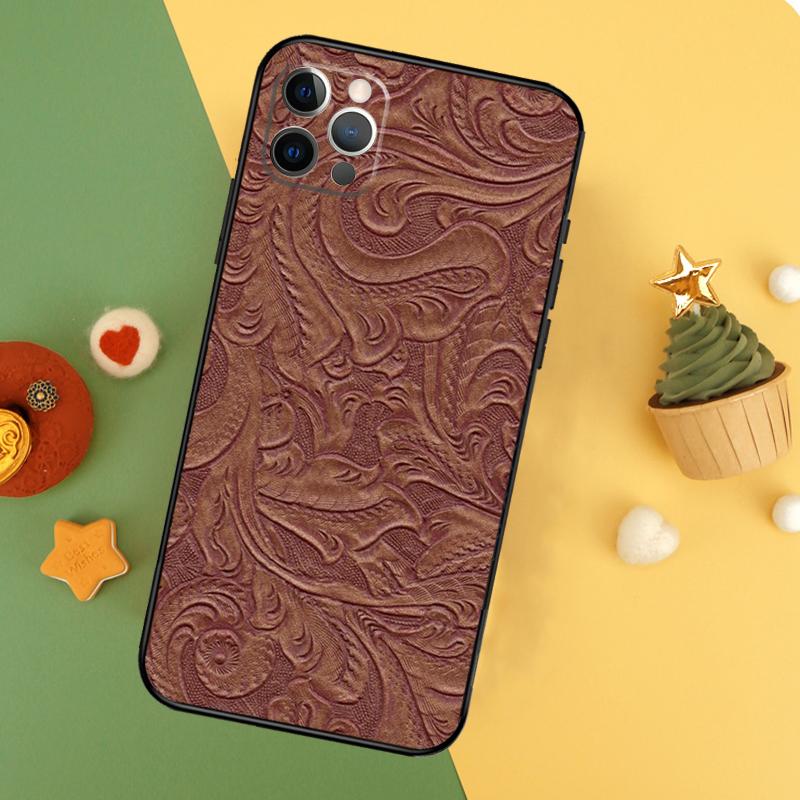 Brown Hand Tooled Western Phone Case For iPhone 17 16 16E 15 14 12 11 13 Pro Max 12 13 Mini 17Air Shockproof Cover