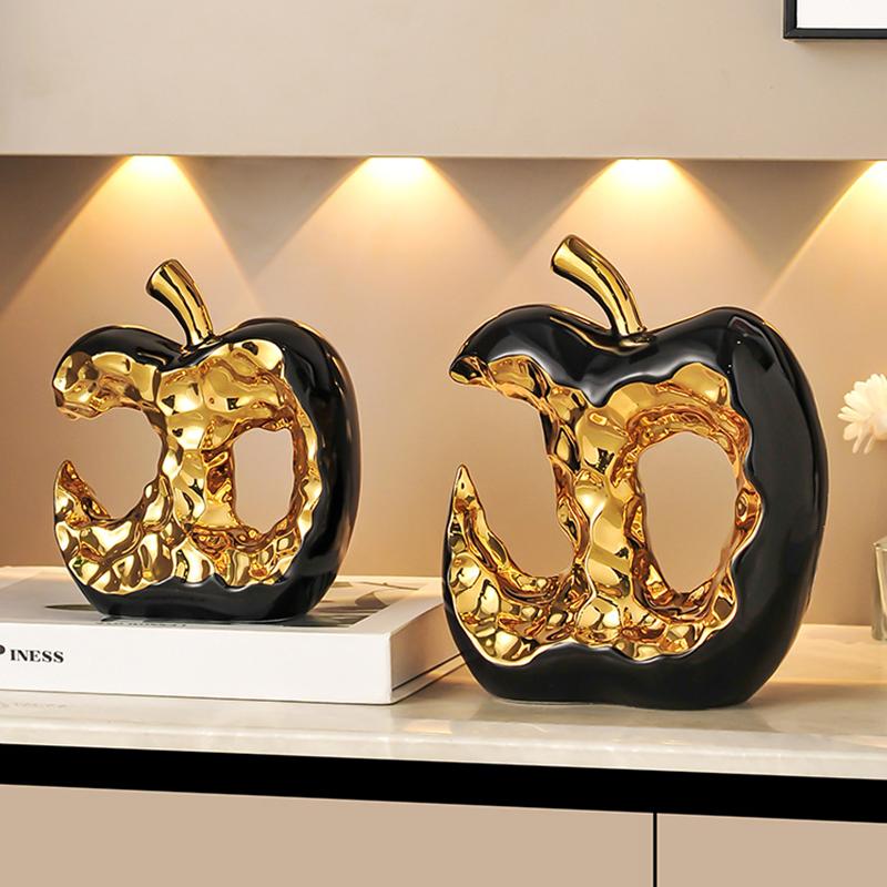 Gold Plated Hollow Apple Sculpture, Ceramic Crafts, Office Desktop Ornaments, Apple Model Sculptures, Living Room Decorations