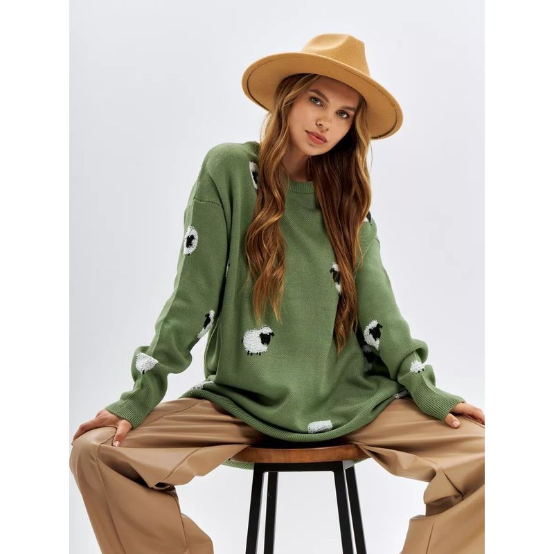 2023 Fall and Winter Russia Export Loose Round Neck Sweater Little Sheep Print Pullover Leisure Commute So Female