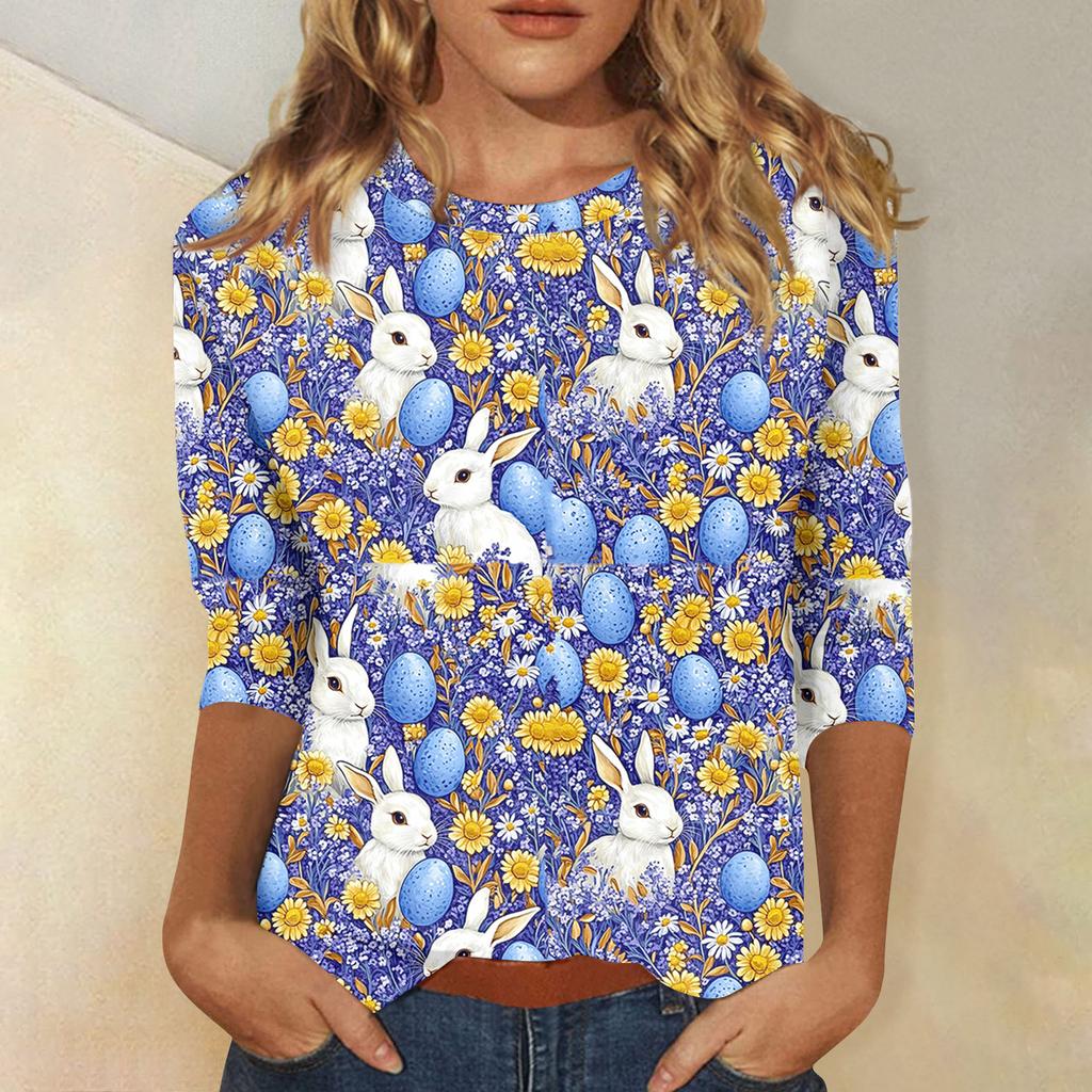 Women's Tops Three-quarter Sleeve Shirt Round-neck Loose Casual Shirt Print T-shirt