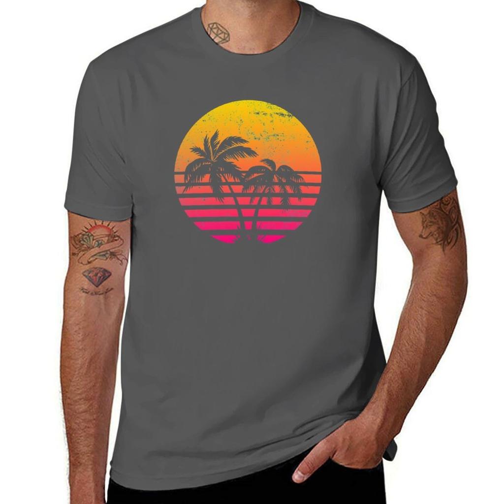 Retrowave Sunset With Palm Trees TShirt Soft Lightweight Cotton TShirt