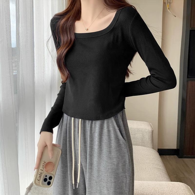 

Базовая футболка с правым плечом, тонкая, узкая, женская, осенняя, новинка, горячая, для девушек, облегающая талию, короткая, с длинными рукавами, модная XL