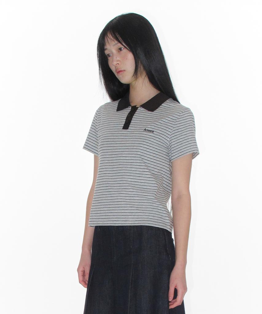 AMES-WORLDWIDE Basic Stripe Collar Tee Gray