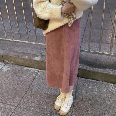 Literarischer Retro-Cord-Halbkörperrock für Damen im Frühling und Herbst, einfarbig, geteilter, gerader Rock