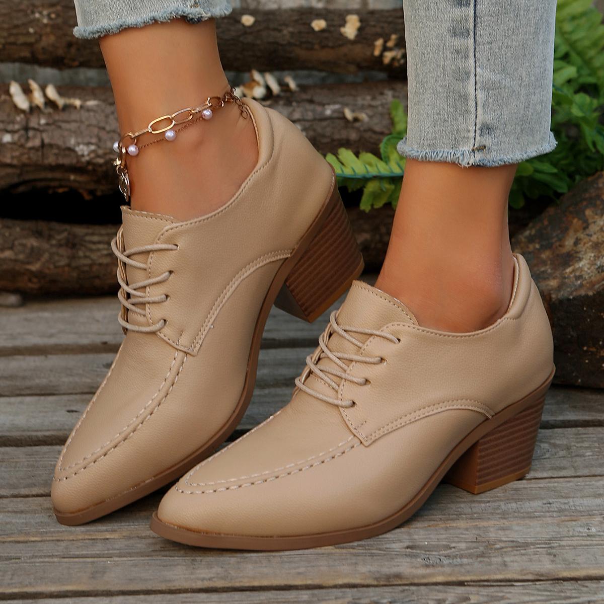 

fashion Pointed Toe Chunky Heeled Short Boots for Women Solid Color PU Leather Ankle Boots Woman Fashion High Heels Lace Up Oxford Shoes 35