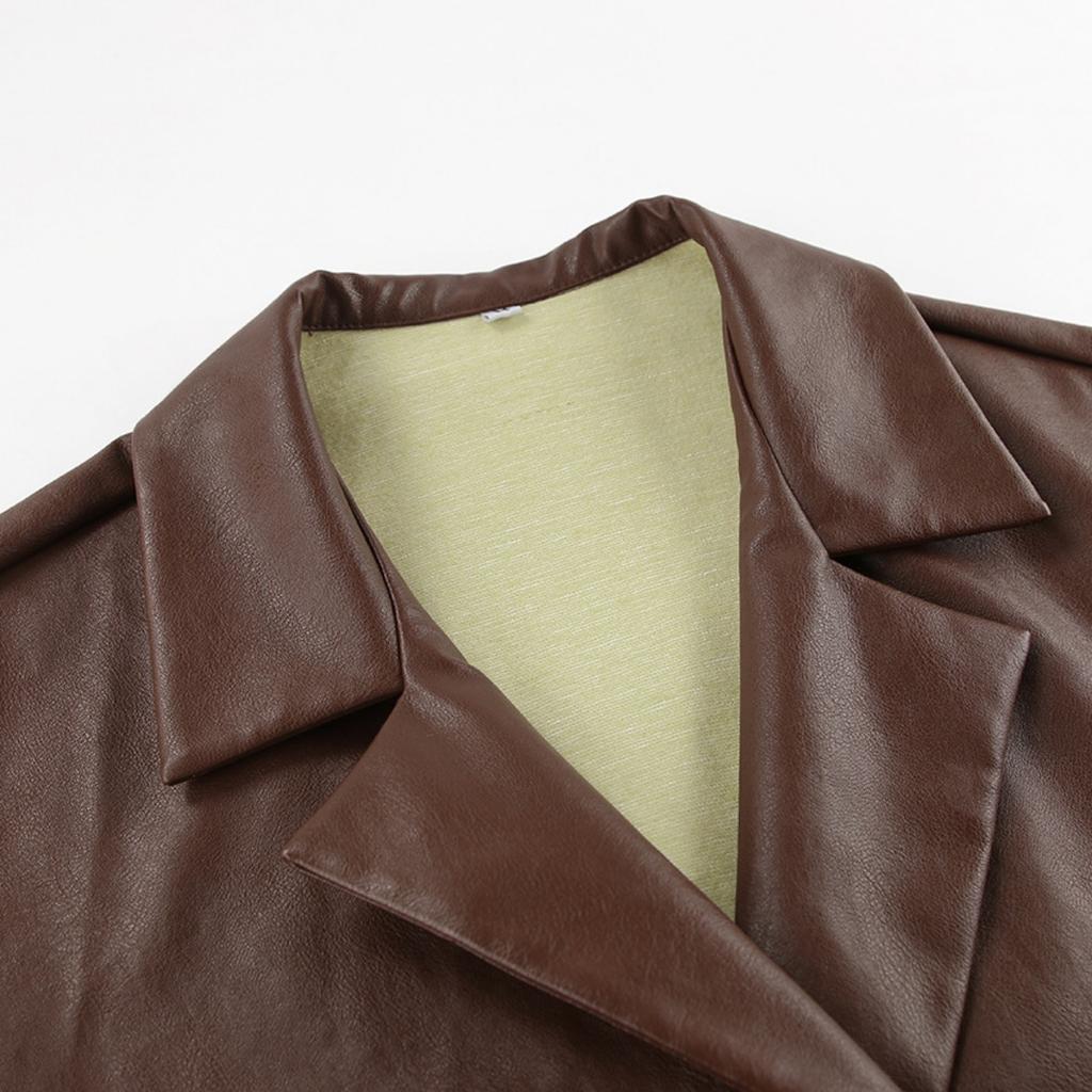 Winter Vintage Brown Leather Coat Women, European American High-end Loose Notched Lapel Mid-length Leather Jacket Outerwear