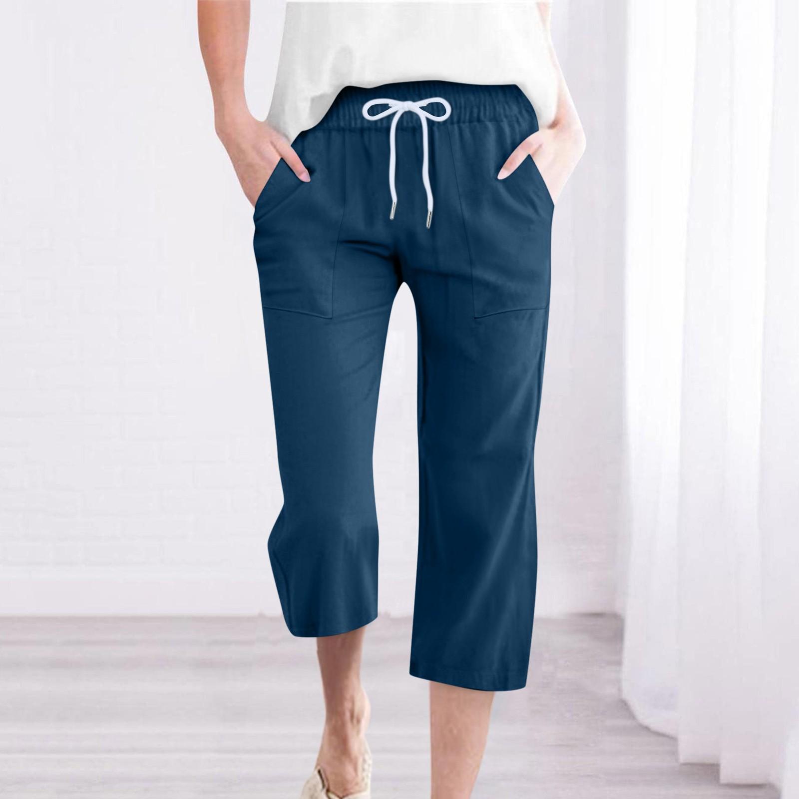 

Брюки для женщин, повседневные летние свободные брюки из хлопка и льна с принтом, брюки до середины штанин с карманами XL