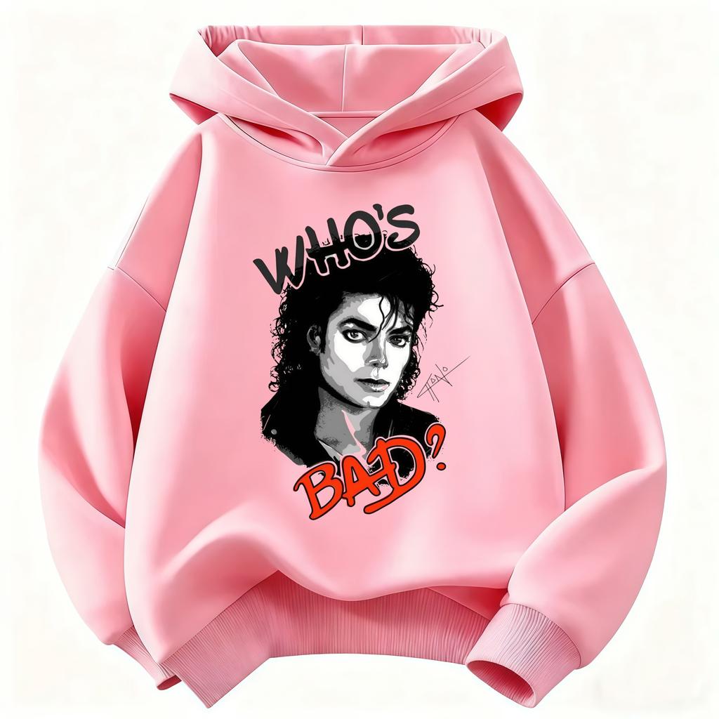 2026 Felpa con Cappuccio per Bambini Michael Jackson Who's Bad Album Ritratto Stampa Pullover Bambini Ragazzi Ragazze Moda Felpa Casual