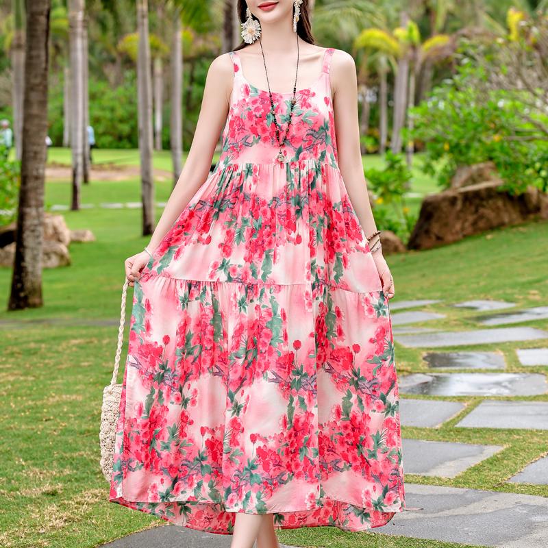 Elegant Sling Dress for Women Plus Size Casual Summer Long Dress Vintage Middle-aged Women's Clothing