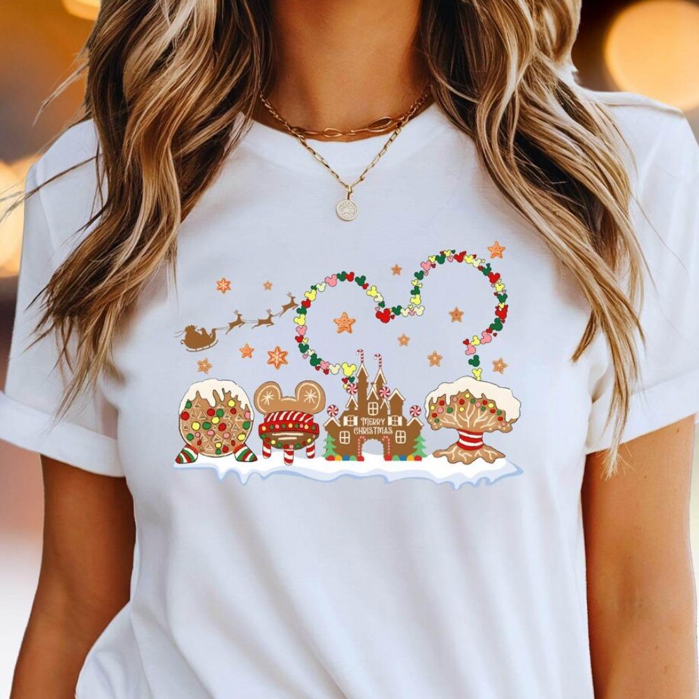 Christmas gingerbread shirt short sleeved round neck casual top washable holiday party women's T-shirt, dwarf gift