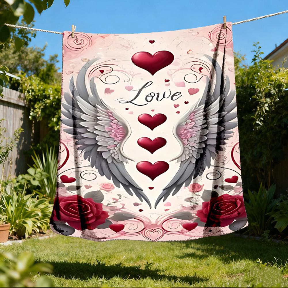 1pc Love Hearts Wings Roses Outdoor Flannel Blanket Soft All Season Polyester Throw , Perfect for Picnics & Travel , Picnic Accessory