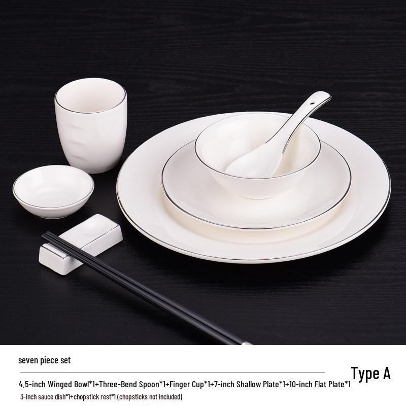 Elegant Ceramic Tableware Set: White with Platinum Rim - Includes Plates, Bowls, and Dishes for Restaurants or Clubhouses, Available in 3 or 4 Pieces