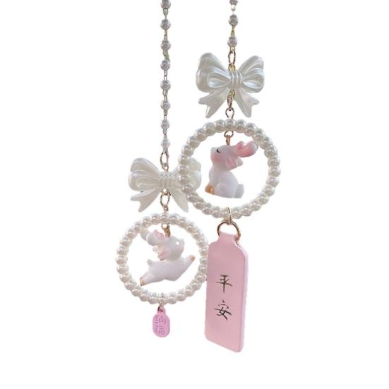 

Car Rearview Mirror Ornament Cute Faux Pearl Bow Pom Pom Car Charm Safe Driving Accessory Gift for Drivers C