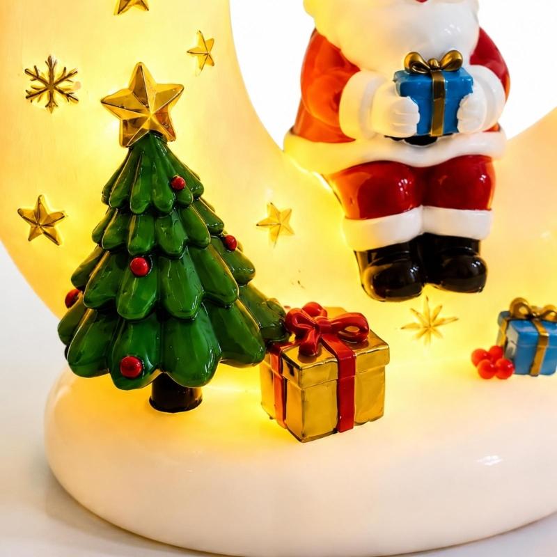 Curved Moon Santa Christmas Decoration with Warm LED Light, Seasonal Tree and Gift Figures, Plus USB Power for Indoor Desk, Shelf and Window Displays