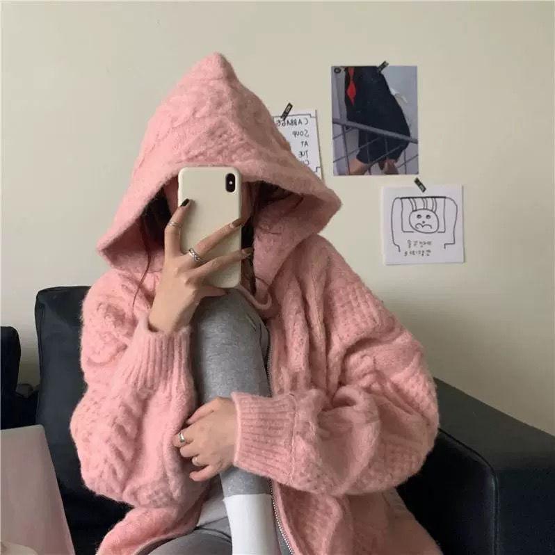 Spring Autumn Winter Loose All-match Twist Sweater Coat Women's Lazy Wind Hooded Knitted Cardigan Top Women Sweater