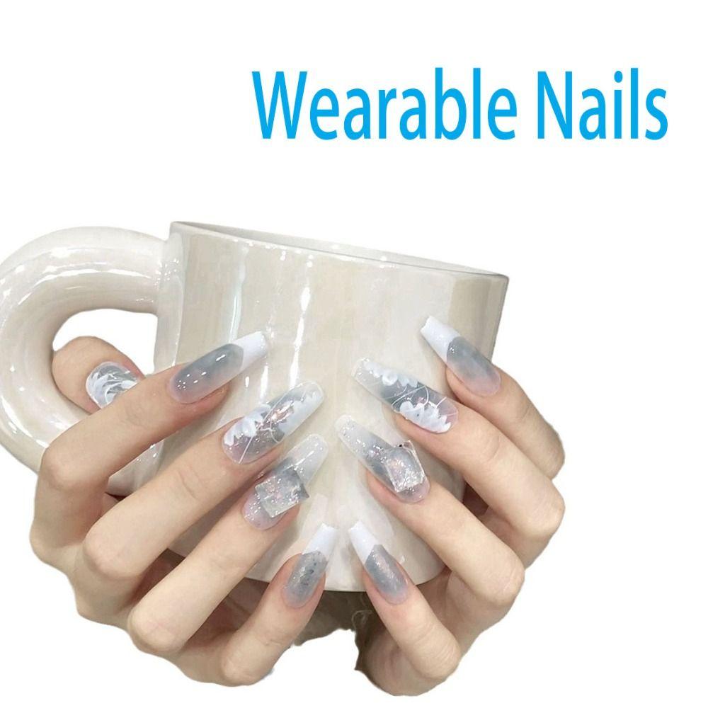 

1 set Ice Blue Wearable Nails Heartbeat Pure Manual False Nail Ins Style Handmade Nails Women Beaut