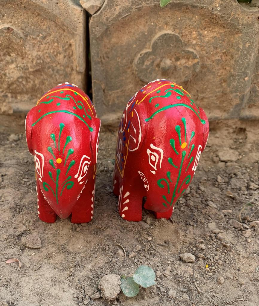 Red Appu Elephant Pair: Handcrafted Wooden Statues, Mini Animal
