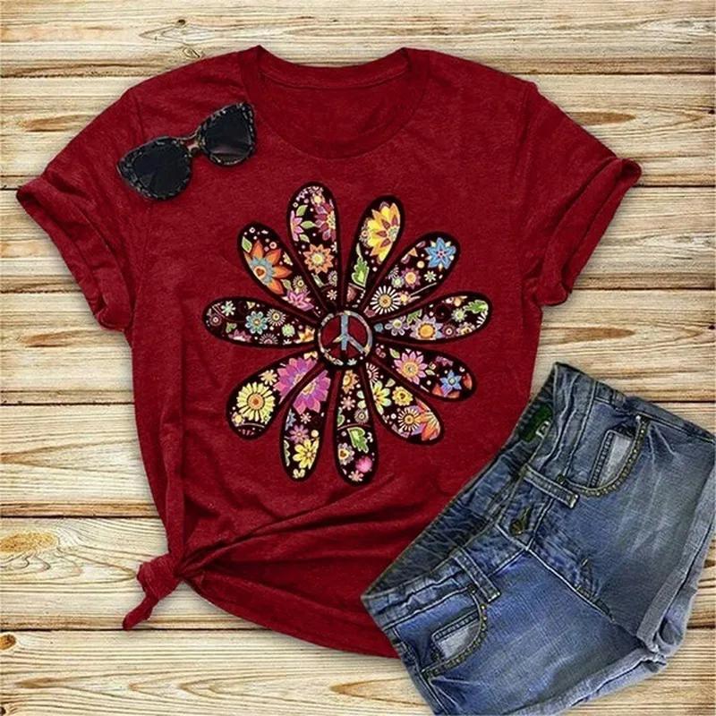 Colorful Daisy Petal Print T Shirt Women Short Sleeve O Neck Loose Tshirt Summer Women Tee Shirt Tops Camisetas Mujer