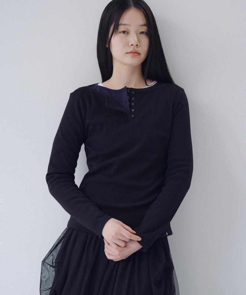 Ohesio Henley Neck Button Long Sleeve, Black