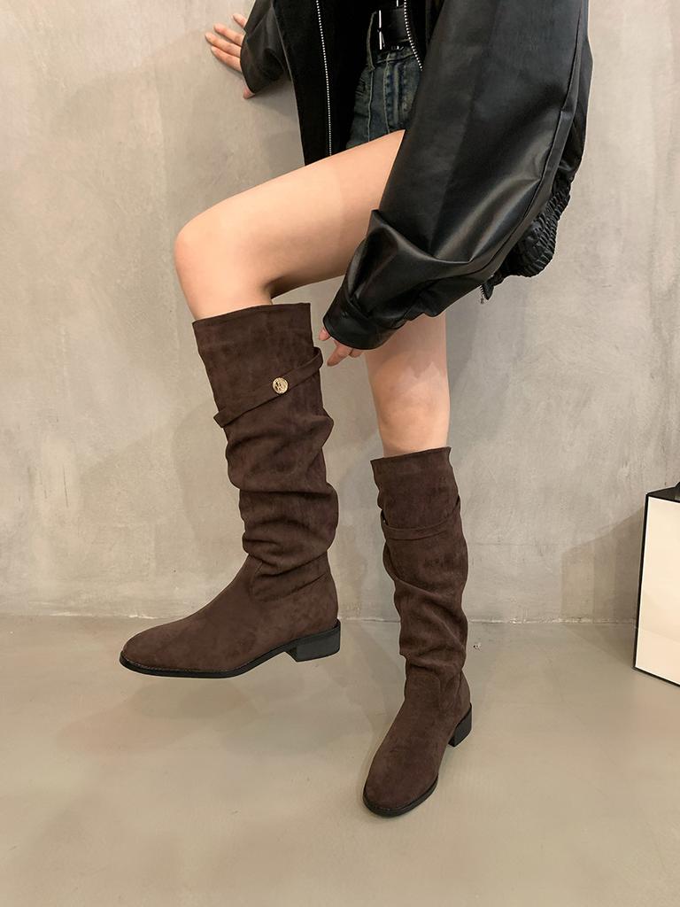 Suede Skinny Boots Khaki Pile Knight Boots Women's 2025 New Autumn and Winter Skinny Tall Heel Long Boots